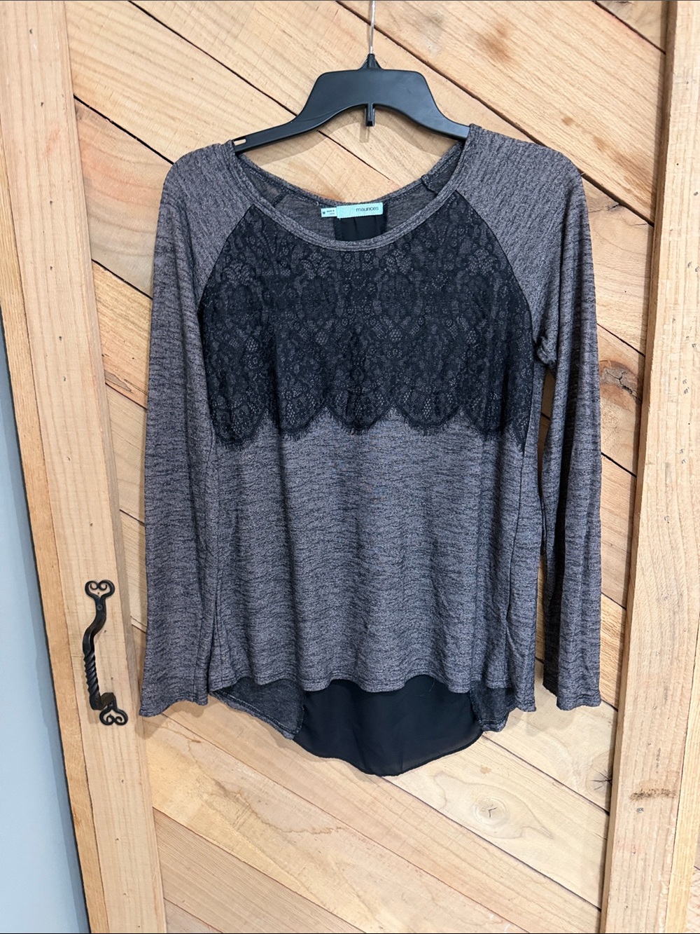 Maurices Brown Long Sleeve Top with Black Lace Yoke